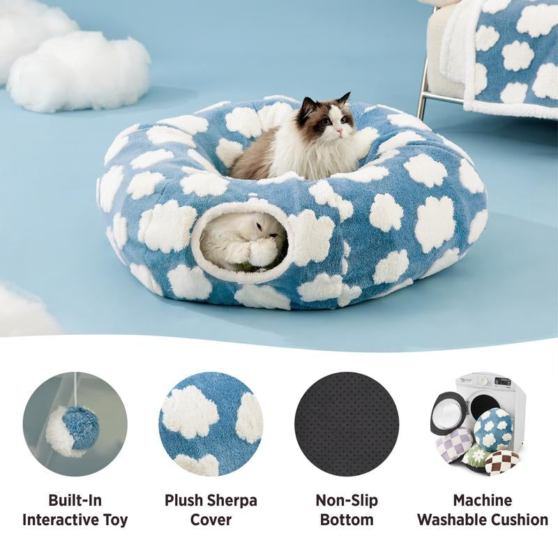 Lesure Cat Tunnel Bed for Indoor Cats - Cute Cat Donut Tunnel with Washable Circle Cushion, round Pet Play Tunnel Toy for Kitten/Puppy/Rabbit - Animal Blanket Home