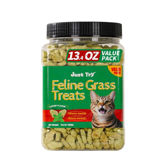 JUST TRY 13.4 OZ Cat Grass Treats Natural Salmon Flavor Healthy Cat Snacks Training Biscuits Catnip for Cats Dental and Hairball Control Treats