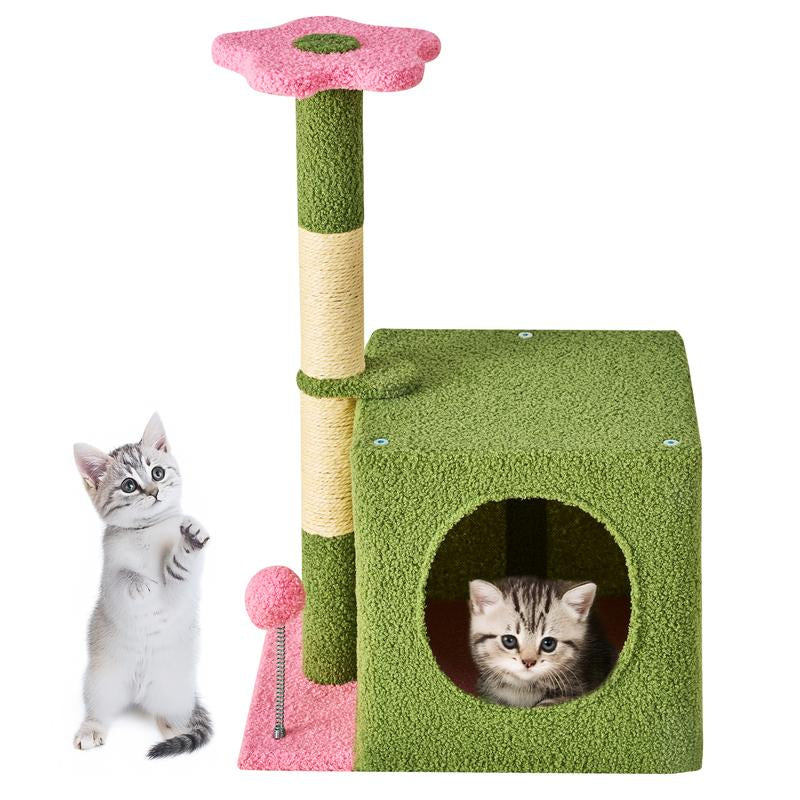 Wecharmer Cat Tree / Tower for Indoor with Green Leaves, Cat Condo Cozy Plush House with Hang Ball, Pet Furniture with Scratching Posts Cat Tree