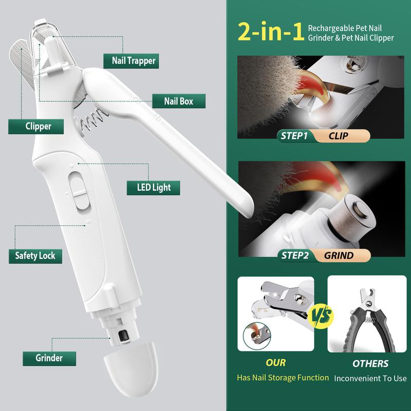2-In-1 Pet Nail Clipper and Grinder, Dog Nail Clipper Trimmer, Ultra Quiet Electric Nail Set, Rechargeable, Suitable for Trimming Toes and Claws of Dogs and Cats of All Sizes