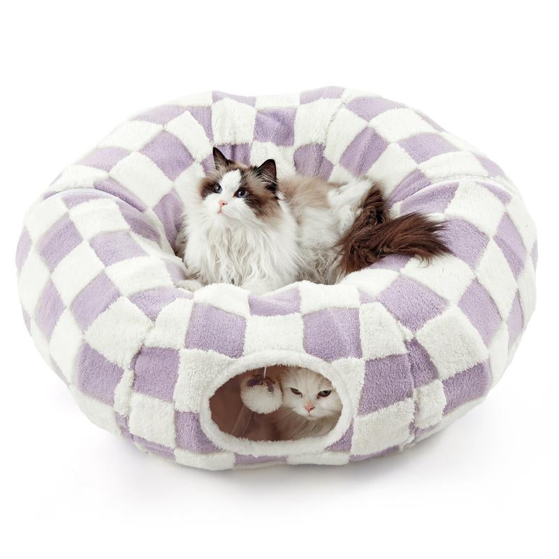 Lesure Cat Tunnel Bed for Indoor Cats - Cute Cat Donut Tunnel with Washable Circle Cushion, round Pet Play Tunnel Toy for Kitten/Puppy/Rabbit - Animal Blanket Home