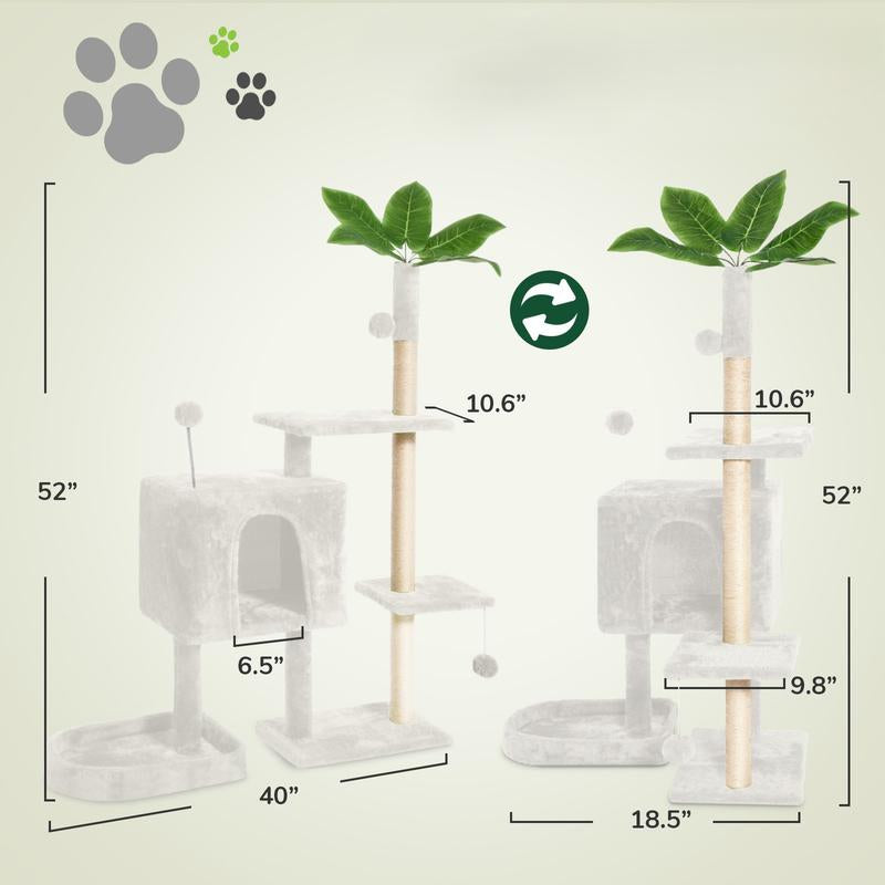 Wecharmer Cat Tree / Tower for Indoor with Green Leaves, Cat Condo Cozy Plush House with Hang Ball, Pet Furniture with Scratching Posts Cat Tree