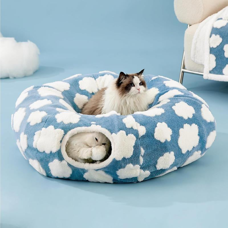 Lesure Cat Tunnel Bed for Indoor Cats - Cute Cat Donut Tunnel with Washable Circle Cushion, round Pet Play Tunnel Toy for Kitten/Puppy/Rabbit - Animal Blanket Home