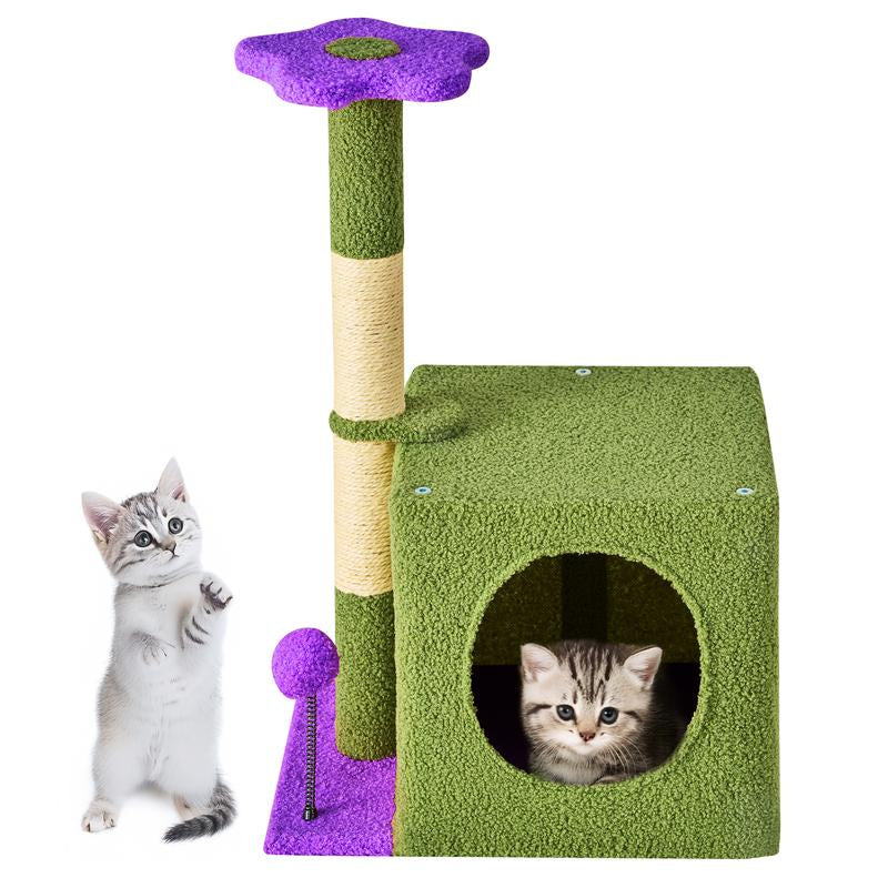 Wecharmer Cat Tree / Tower for Indoor with Green Leaves, Cat Condo Cozy Plush House with Hang Ball, Pet Furniture with Scratching Posts Cat Tree