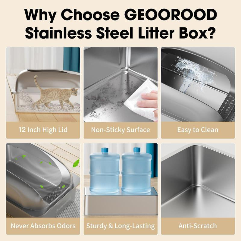 【Geoorood】Geoorood XXL Cat Litter Box Stainless Steel 20L with Lid, XL Large Metal Litter Box High Sided Design,Anti-Urine Leakage, Include Cat Mat & Litter Scoop, Never Absorbs Odors, Easy Cleaning, Non-Sticky,#Catsoft #Catlovers#Tiktokshopbacktoschool